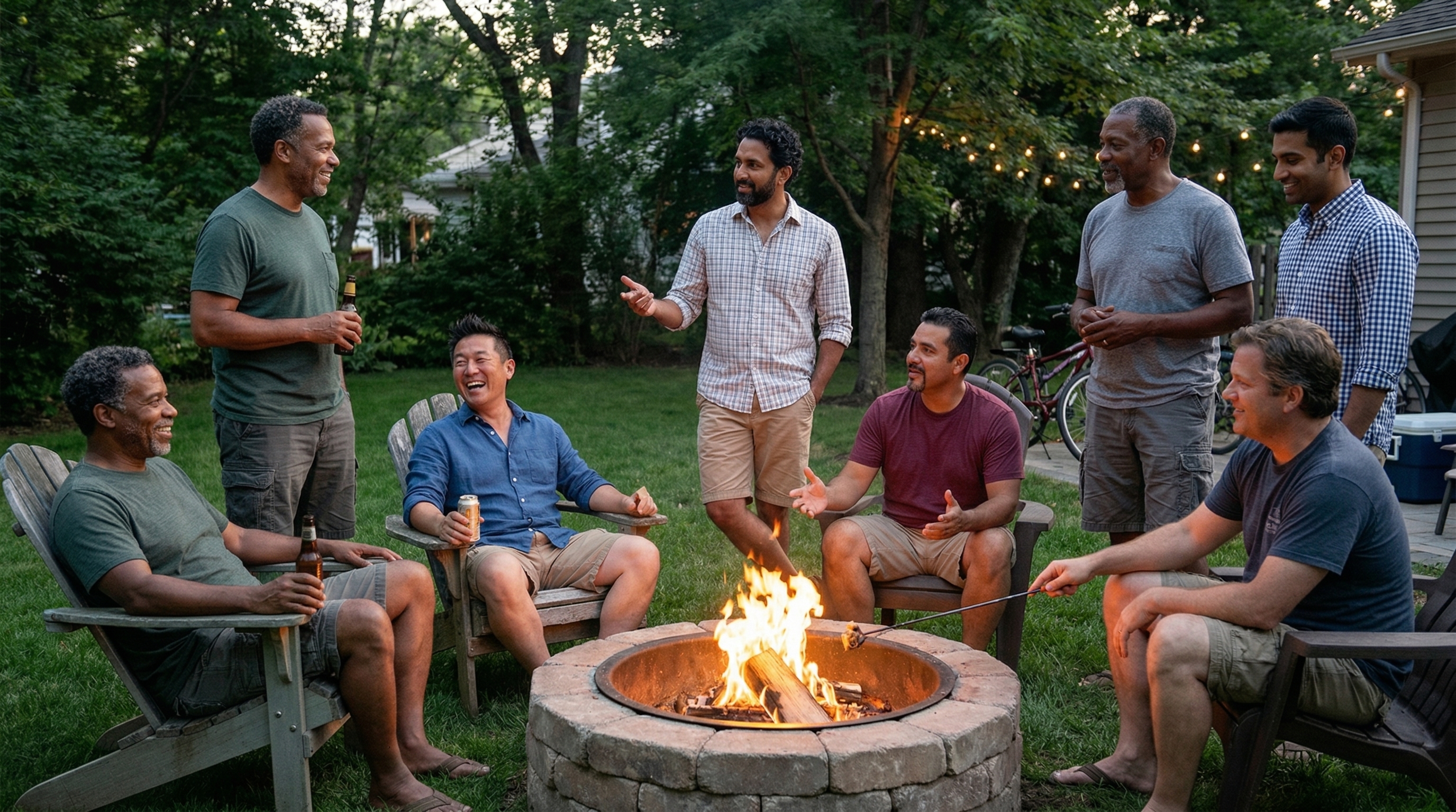 A diverse group of dads gathered around a backyard fire pit at dusk, laughing and talking.