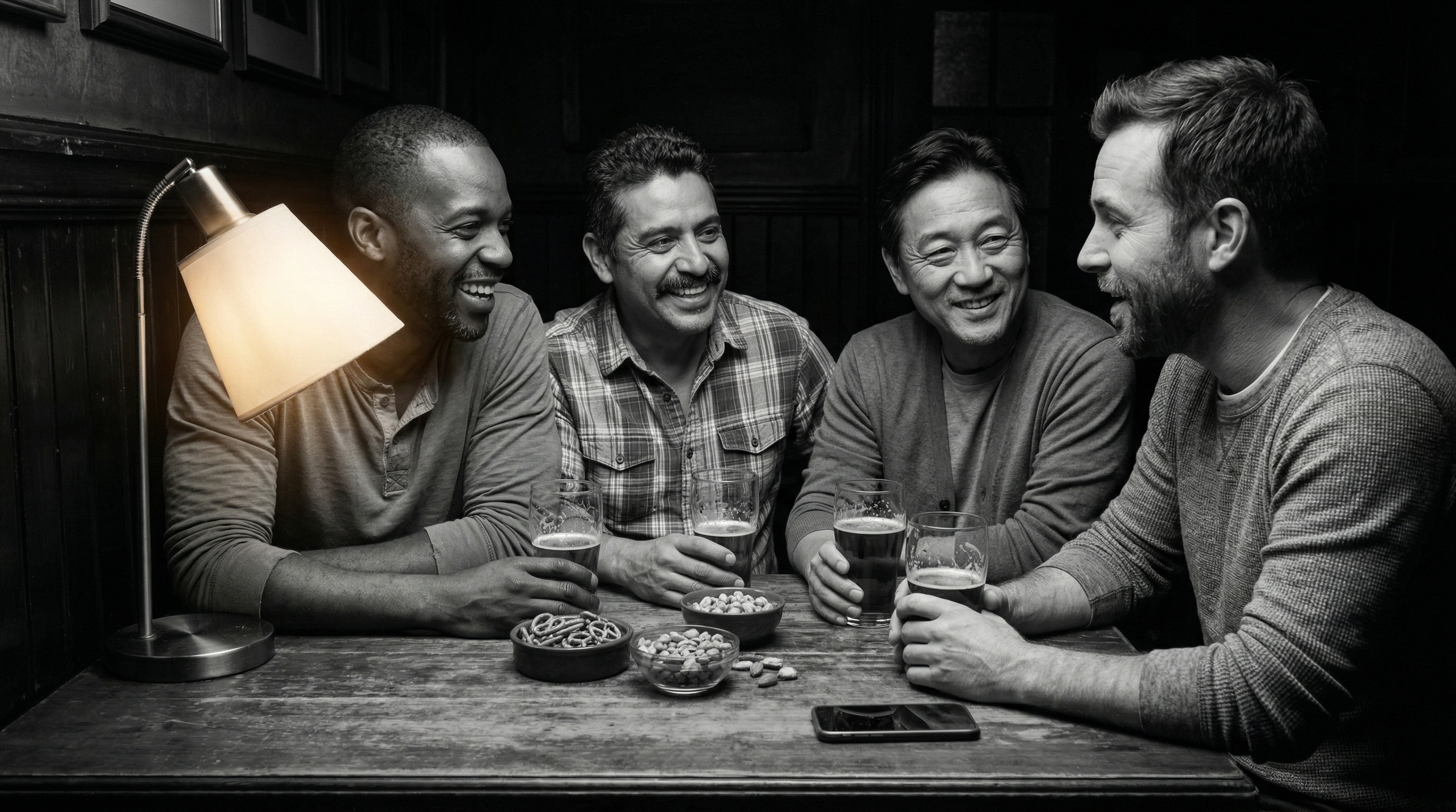 A group of dads gathered around a bar table sharing drinks and conversation.