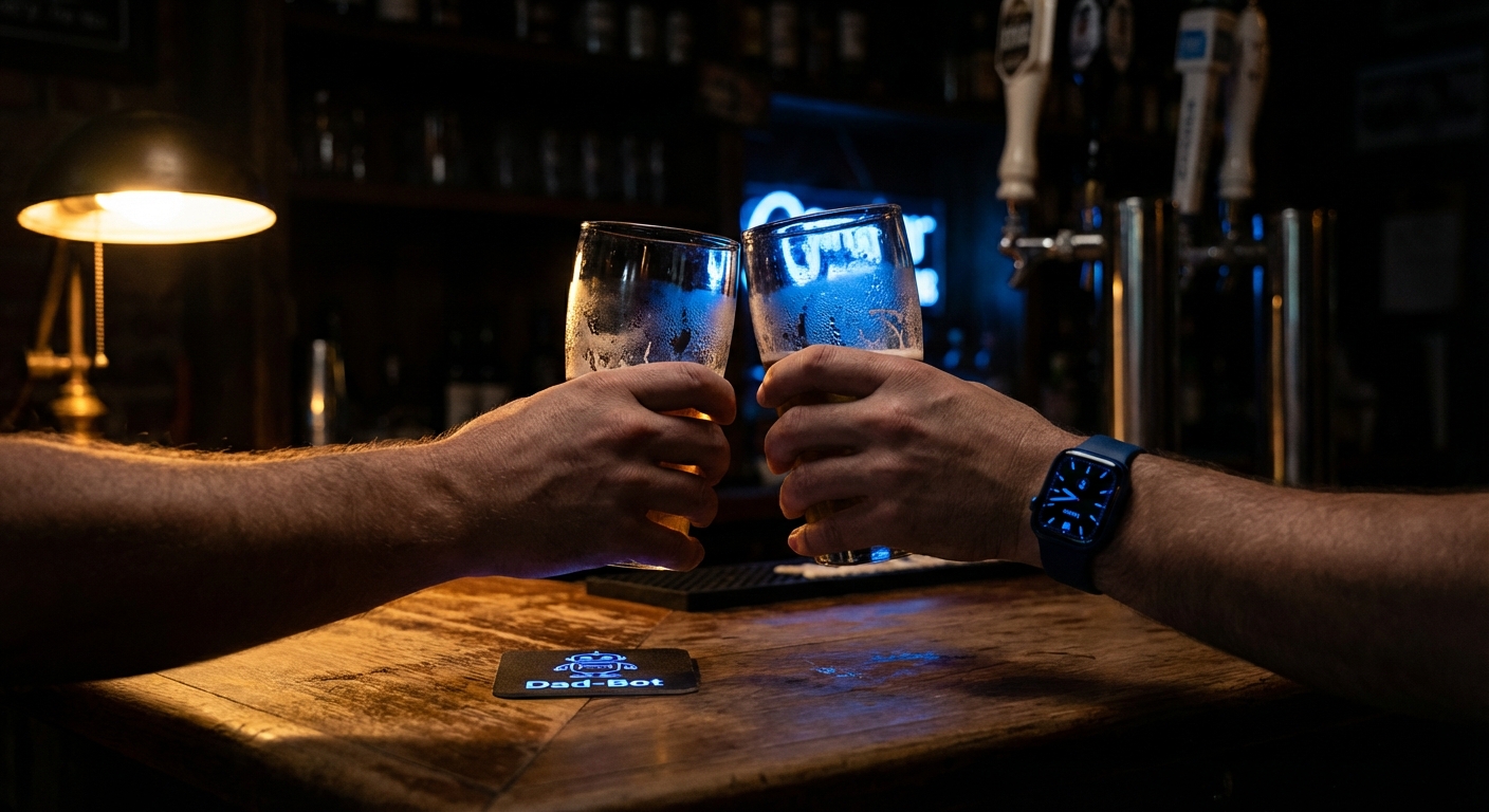 Two people clinking beers across a bar table.
