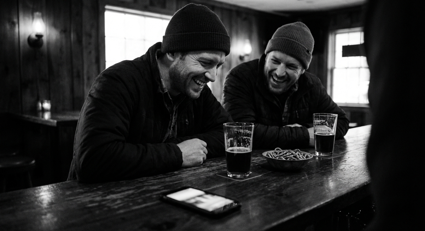 Two dads laughing over beers at a bar while a phone sits on the table.