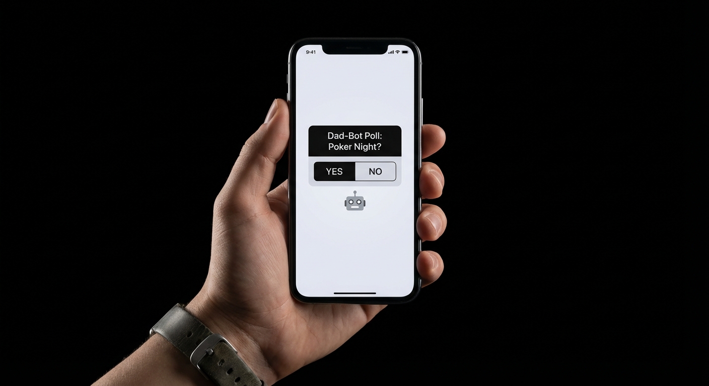 A hand holding a phone with a simple Dad-Bot yes-or-no poll on screen.